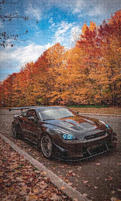 1000-piece wooden puzzle of the iconic Nissan R35 sports car, perfect for car lovers.