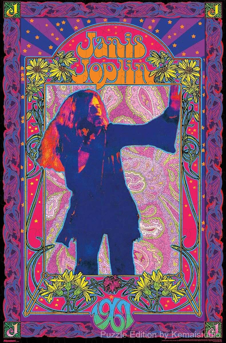 A colorful tribute puzzle designed by Bob Masse featuring Janis Joplin, perfect for fans of 60s poster art