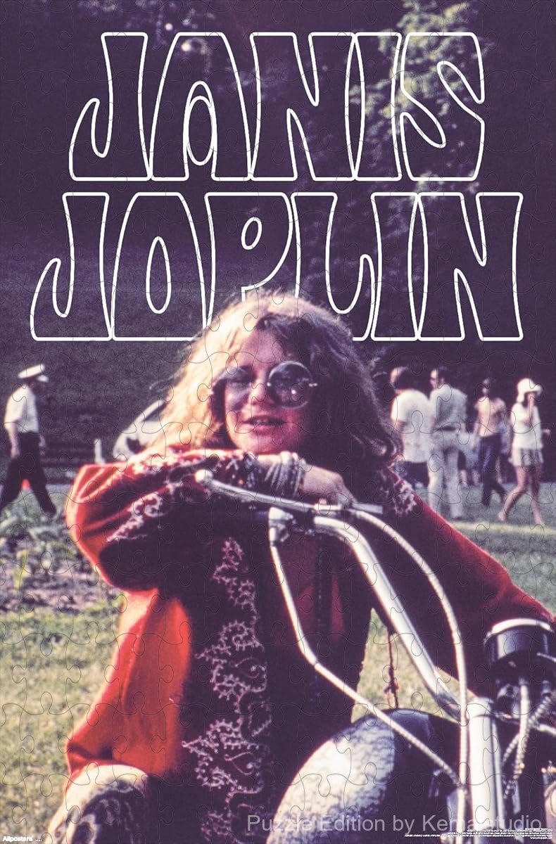 A bold and vintage puzzle of Janis Joplin on a motorcycle, perfect for collectors and decor