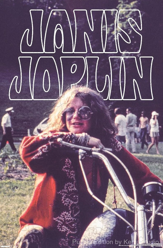 A bold and vintage puzzle of Janis Joplin on a motorcycle, perfect for collectors and decor