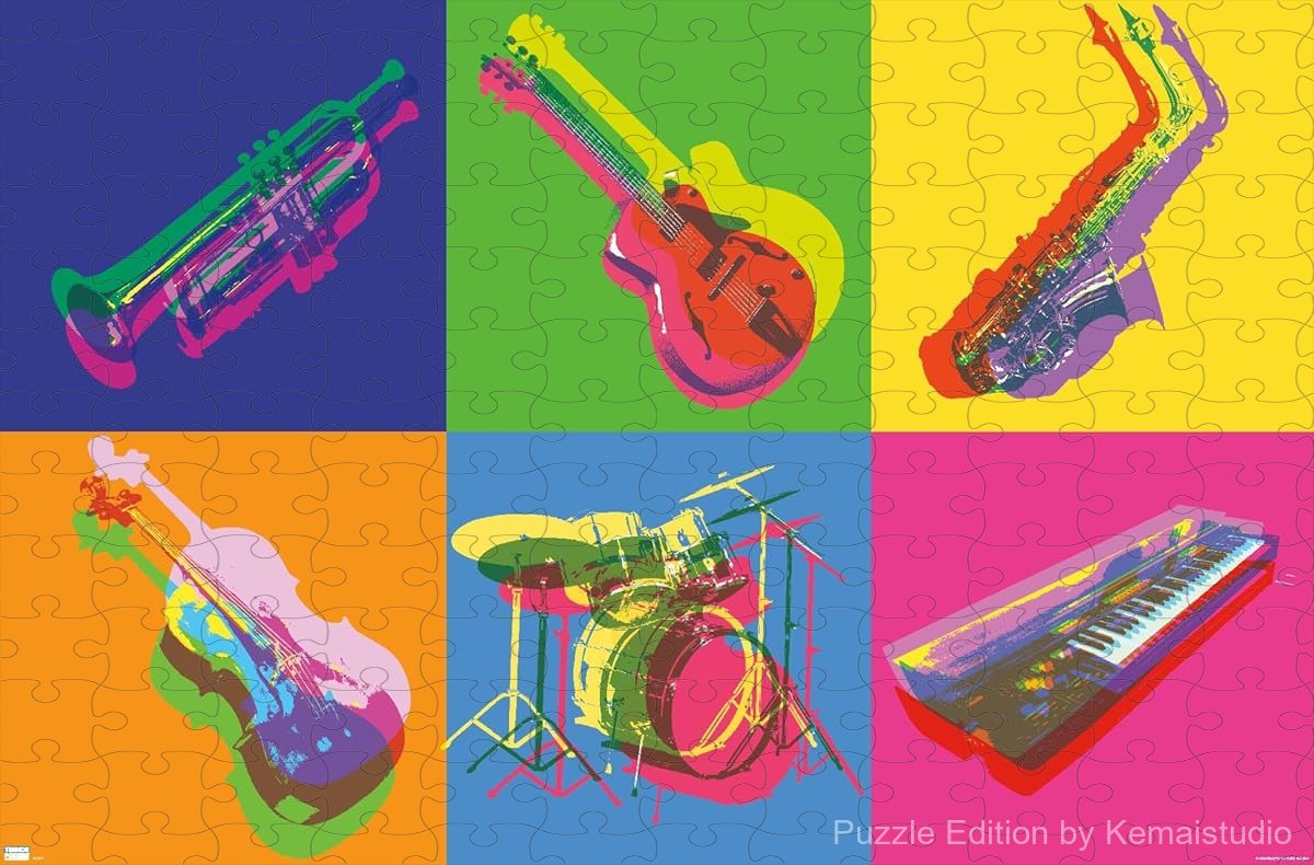 A vibrant puzzle featuring pop art styled jazz instruments, perfect for music lovers and home decoration