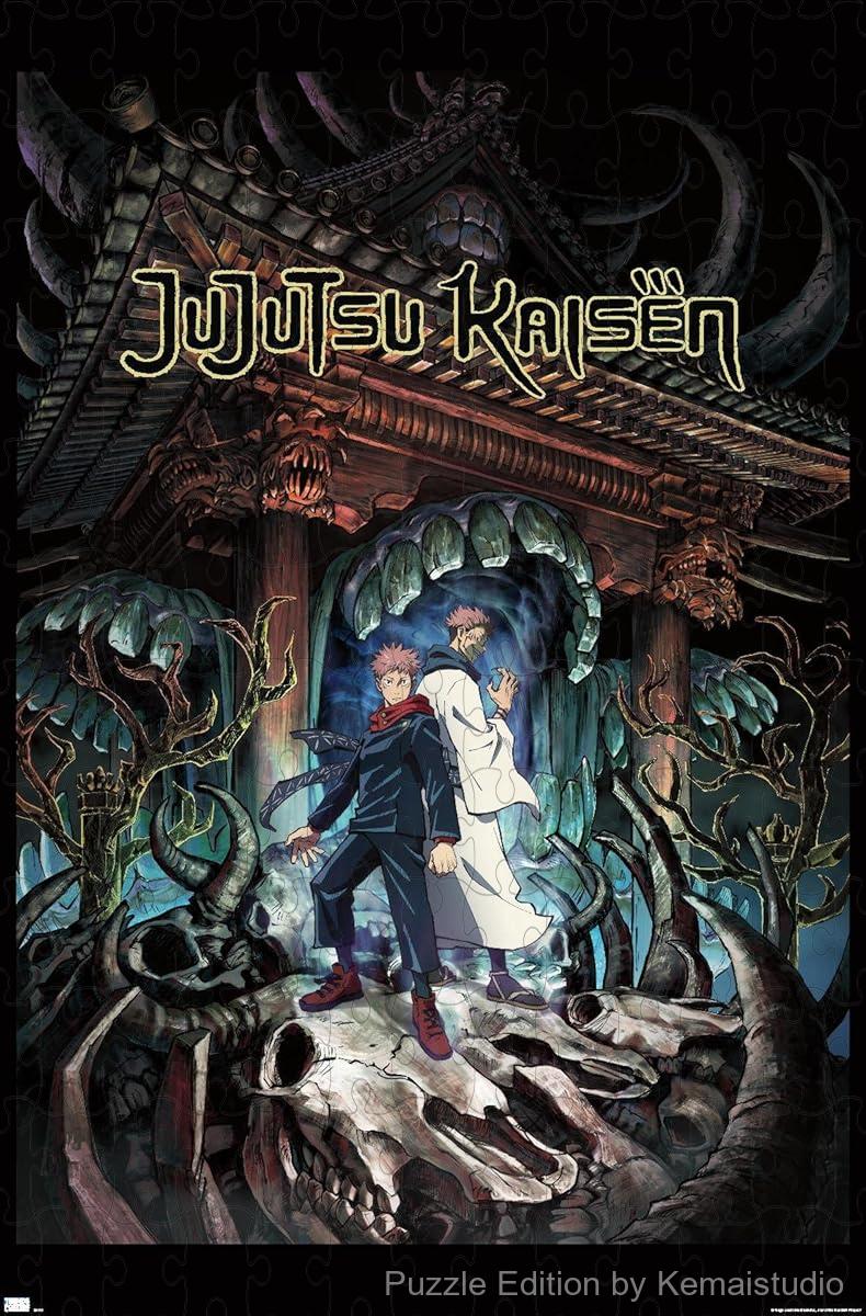 Characters from Jujutsu Kaisen pose in official key art with bold energy