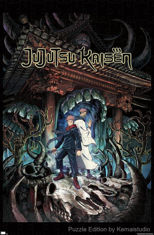 Characters from Jujutsu Kaisen pose in official key art with bold energy