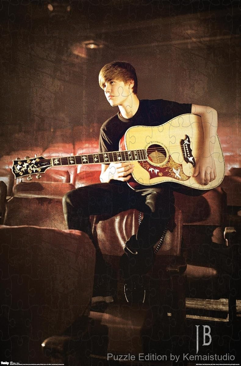 Justin Bieber holding his guitar in a soft-toned illustrated puzzle
