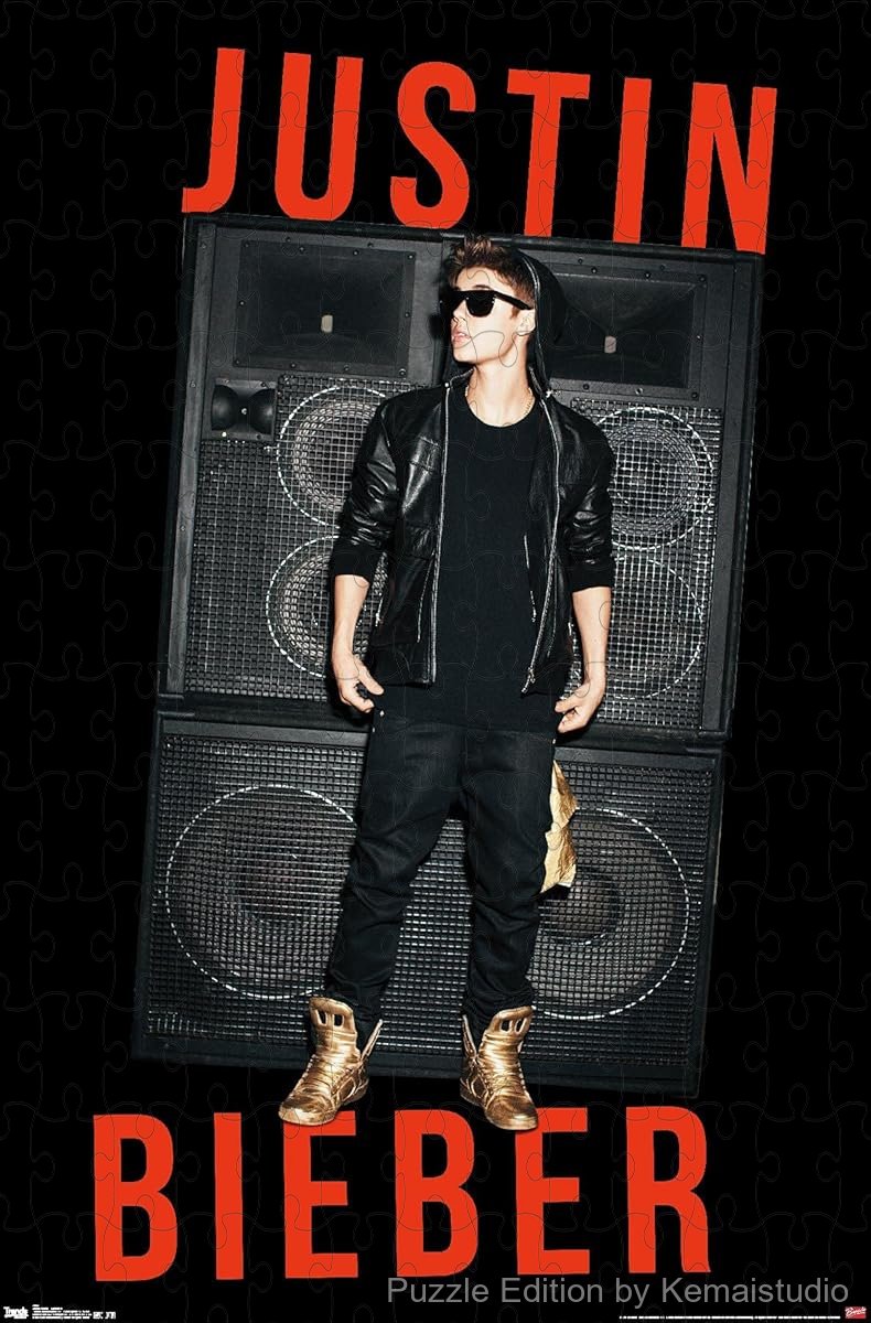 A bold design of Justin Bieber surrounded by speakers, full of energy and modern appeal