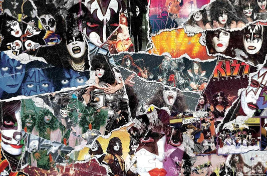 A detailed collage puzzle of KISS through the years, great for collectors and long-time fans