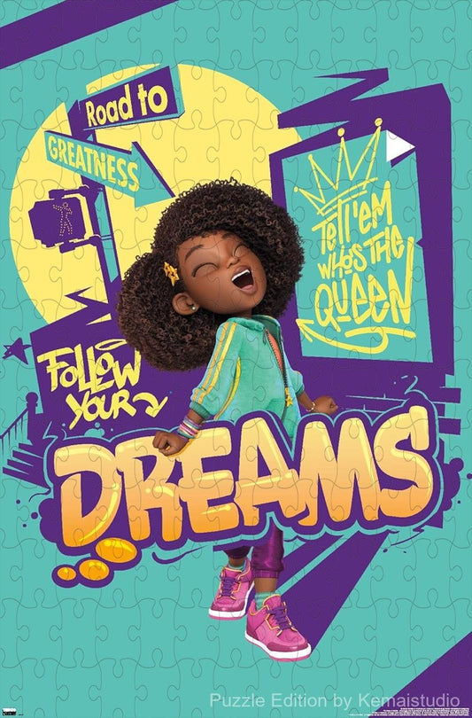 An uplifting puzzle featuring a ¡°Follow Your Dreams¡± message with Karma's vibrant style