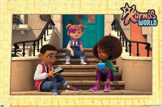 A colorful cast of Karma's World characters, captured in a group puzzle scene