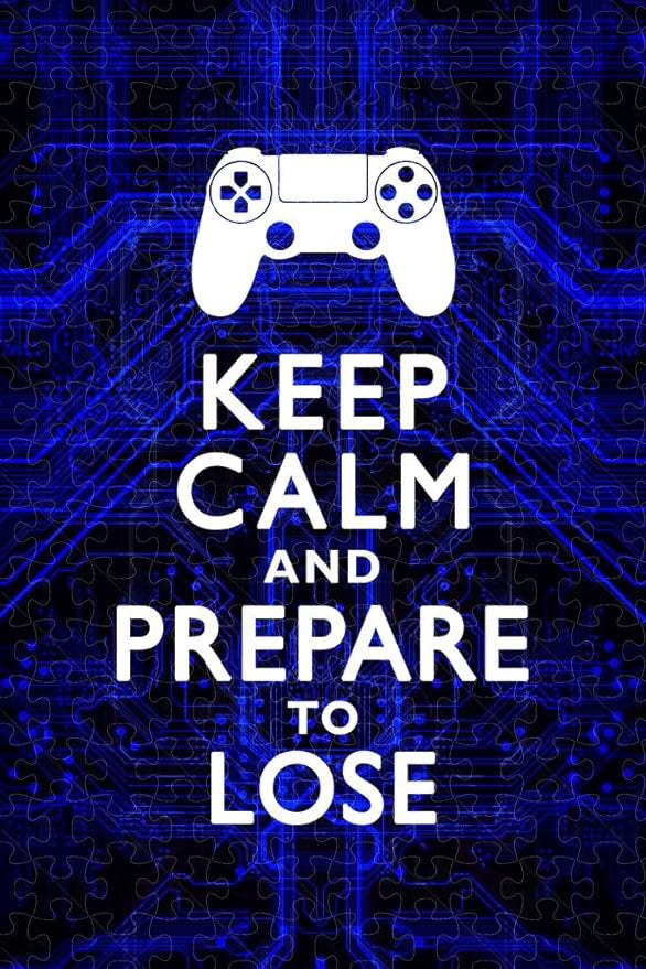 Wooden 1000-piece puzzle with Keep Calm and Prepare To Lose video game controller circuits poster