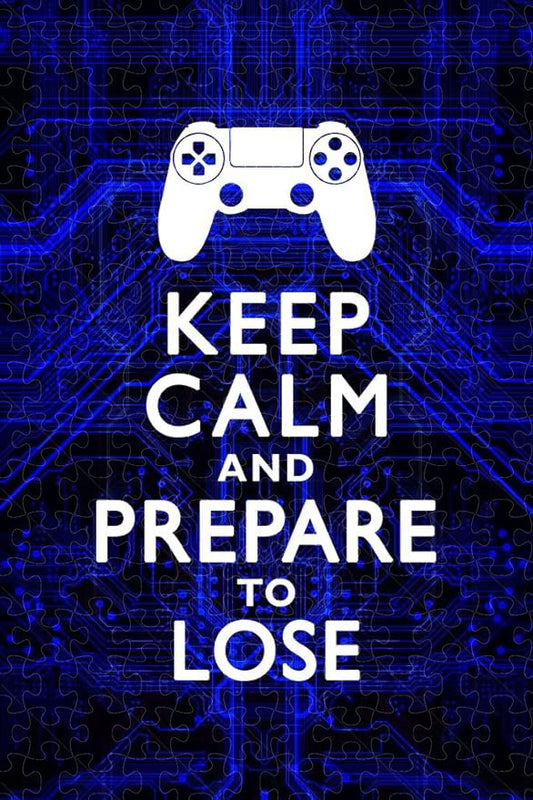 Wooden 1000-piece puzzle with Keep Calm and Prepare To Lose video game controller circuits poster