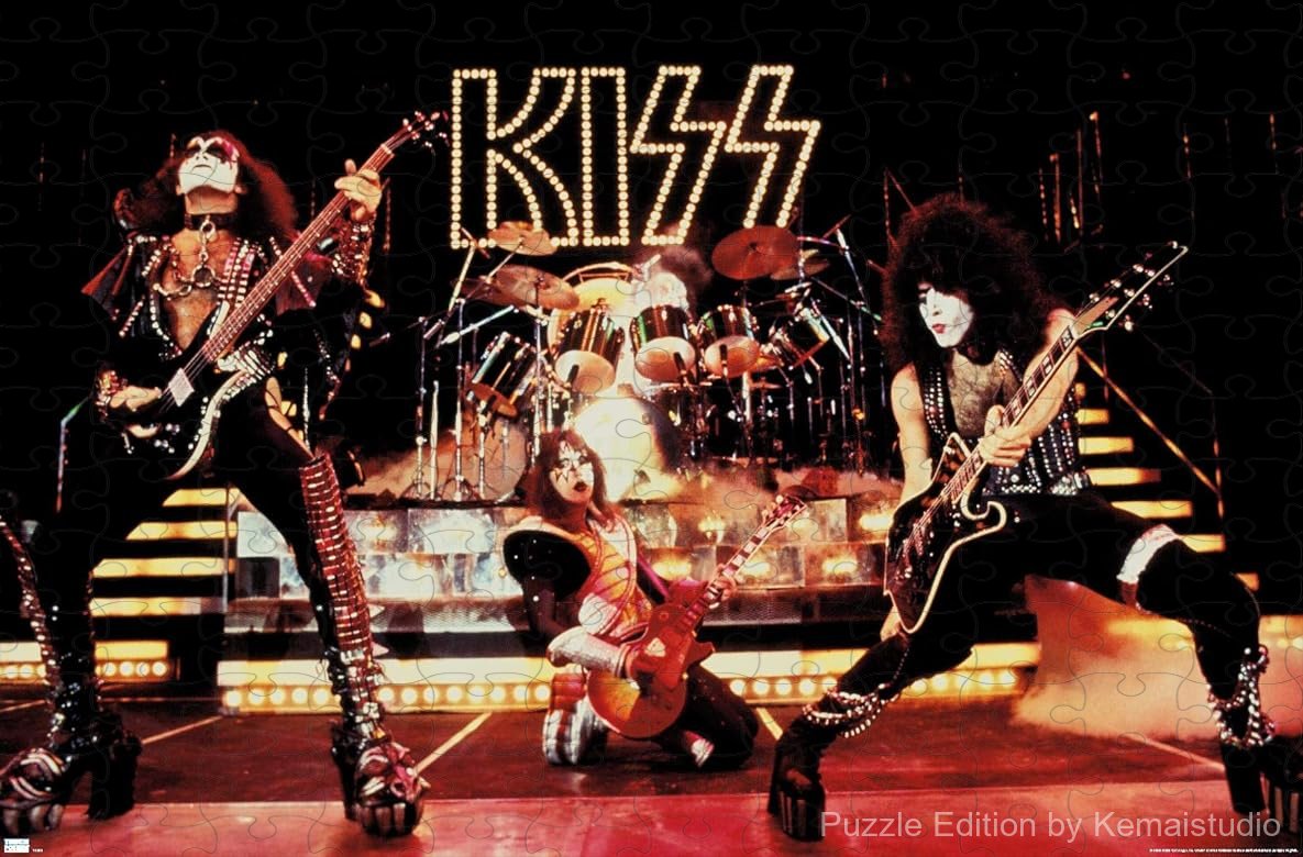 A dramatic concert moment with KISS performing under colorful stage lights, full of rock energy