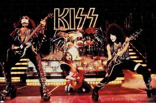 A dramatic concert moment with KISS performing under colorful stage lights, full of rock energy