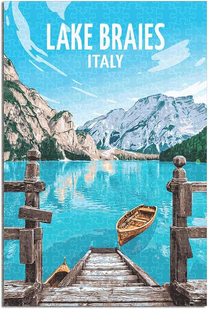 Lake Braies, Italy, 1000-piece wooden puzzle featuring the crystal-clear lake surrounded by Dolomite mountains.
