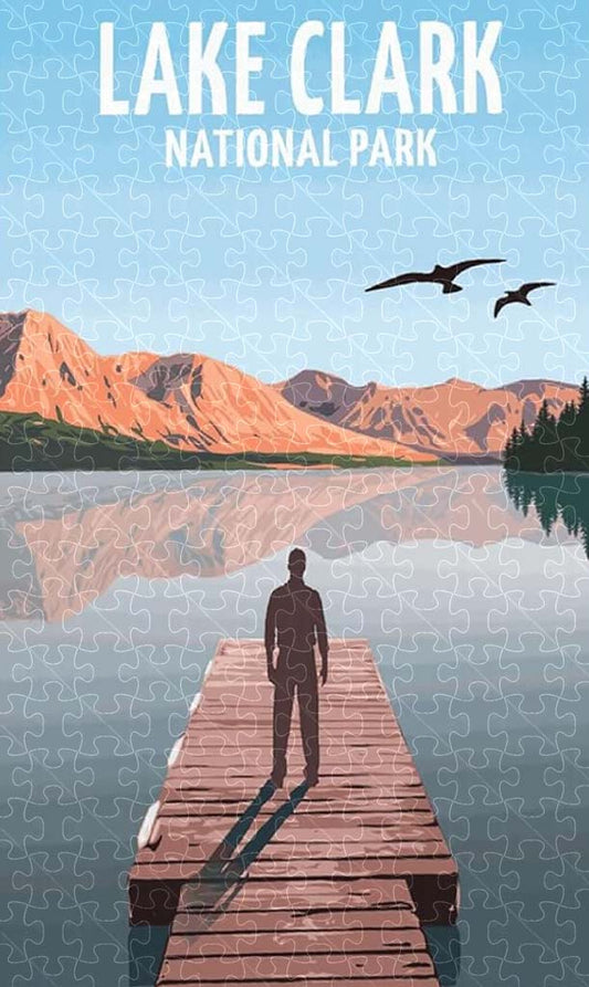 Lake Clark National Park vintage travel poster jigsaw puzzle for adults, 1000-piece wooden puzzle of Lake Clark’s natural beauty.