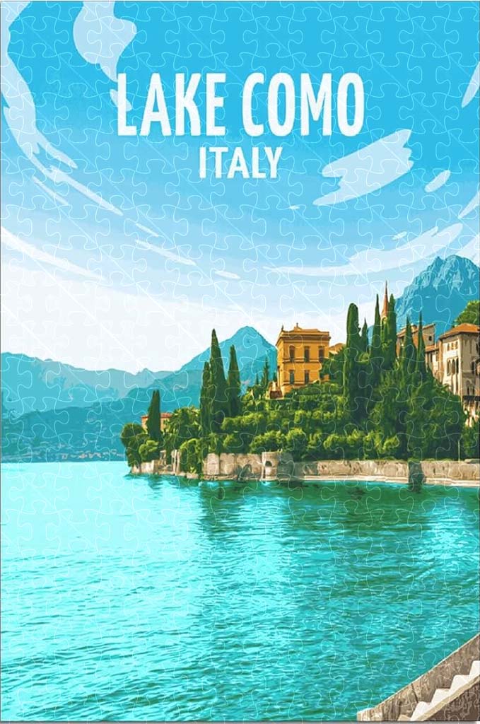 Lake Como Italy vintage travel poster jigsaw puzzle for adults, 1000-piece wooden puzzle of the stunning Lake Como scenery.
