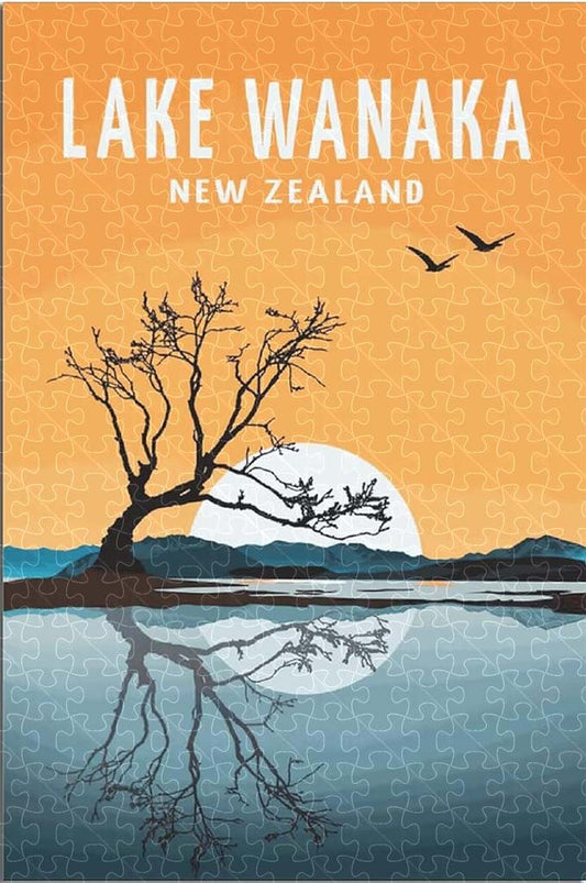 Lake Wanaka New Zealand vintage travel poster jigsaw puzzle for adults, 1000-piece wooden puzzle of Wanaka’s serene lake views.