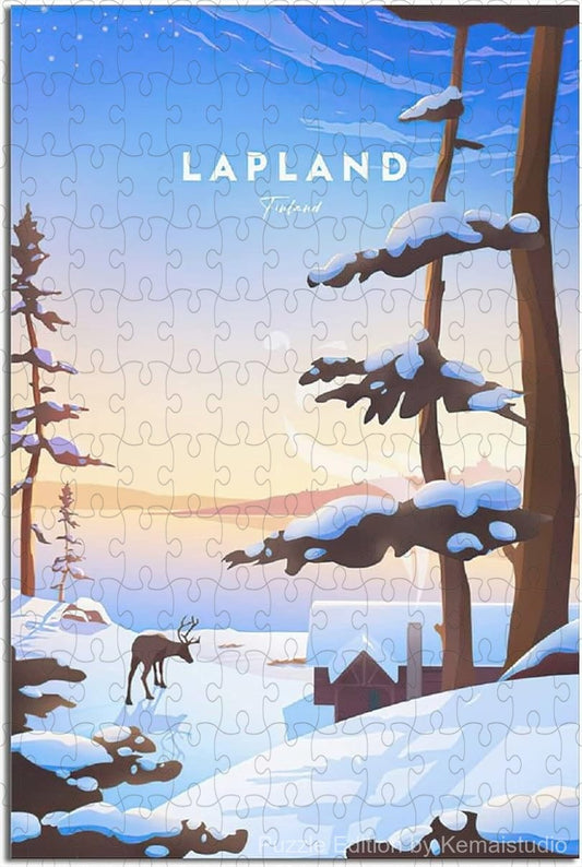 Relax with Lapland vintage travel poster puzzle, showcasing winter scenery in a fun wooden jigsaw for adults