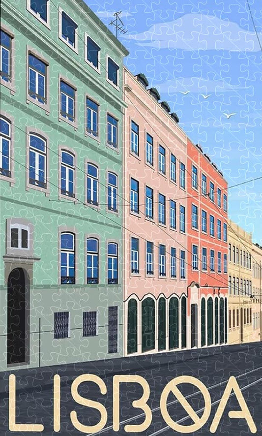 Lisboa vintage travel poster jigsaw puzzle for adults, 1000-piece wooden puzzle of Lisbon's vibrant streets and landmarks.
