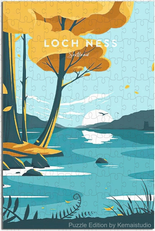 Loch Ness inspired vintage travel poster puzzle, a relaxing and fun wooden jigsaw puzzle for adults and home