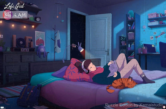 A quiet and introspective scene of Lofi Girl at 4 A.M., perfect for late-night puzzle sessions