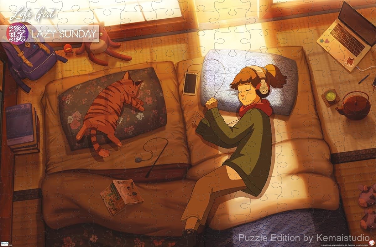A calming scene of Lofi Girl on a lazy Sunday, great for relaxation and casual puzzling