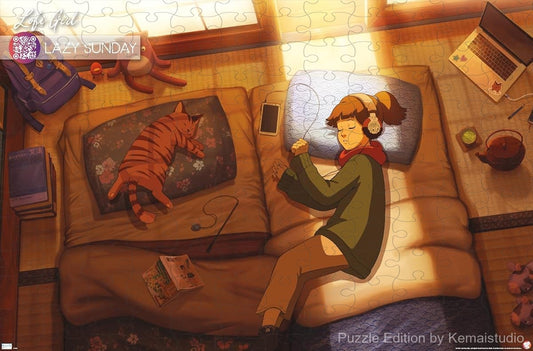 A calming scene of Lofi Girl on a lazy Sunday, great for relaxation and casual puzzling