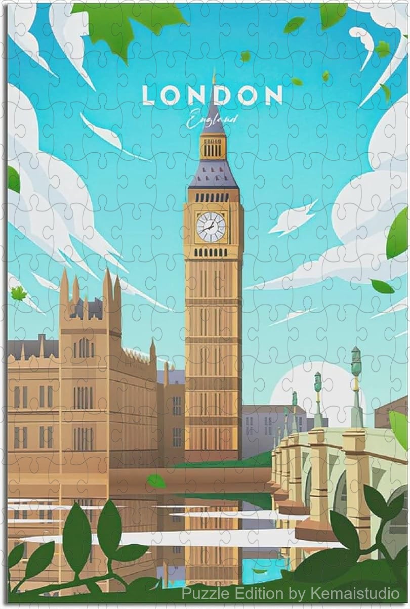 Vintage London puzzle with Big Ben and cityscape in travel poster art