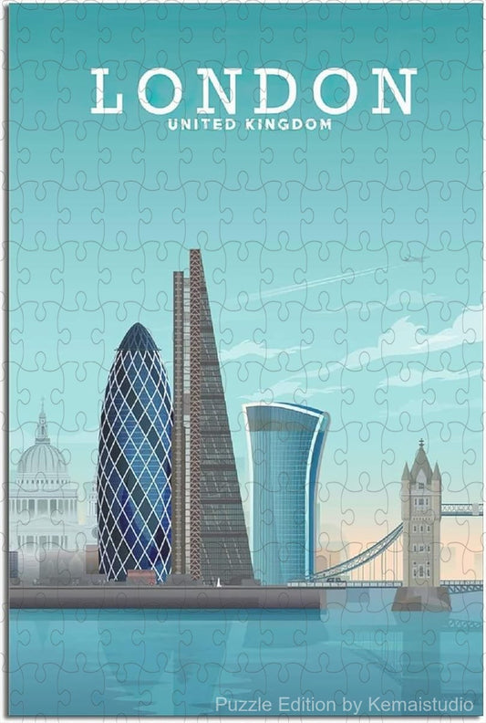 Relax with London vintage skyline puzzle, a wooden jigsaw puzzle featuring iconic landmarks for adults