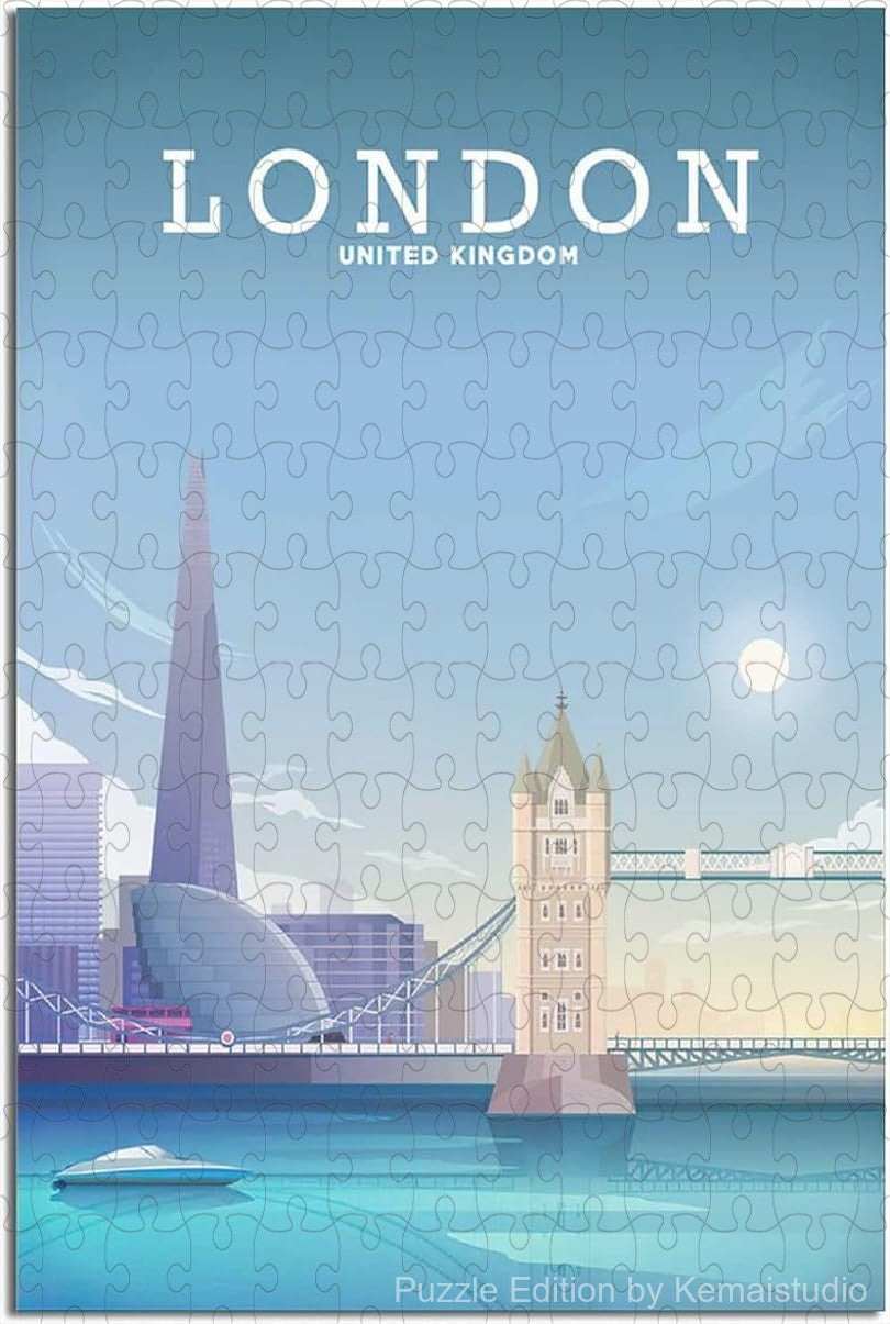 Relax with London vintage skyline puzzle, a wooden jigsaw puzzle featuring iconic landmarks for adults