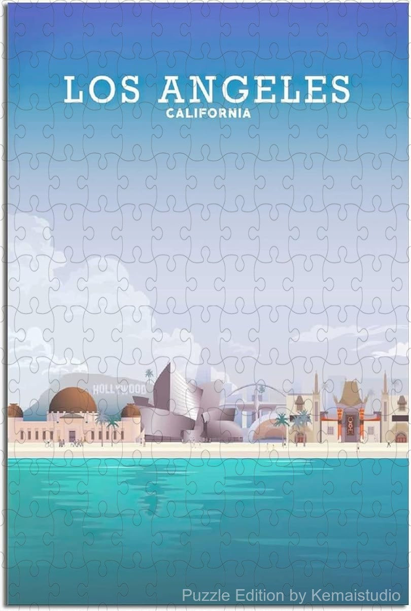 Puzzle showing Los Angeles skyline in a nostalgic poster art style