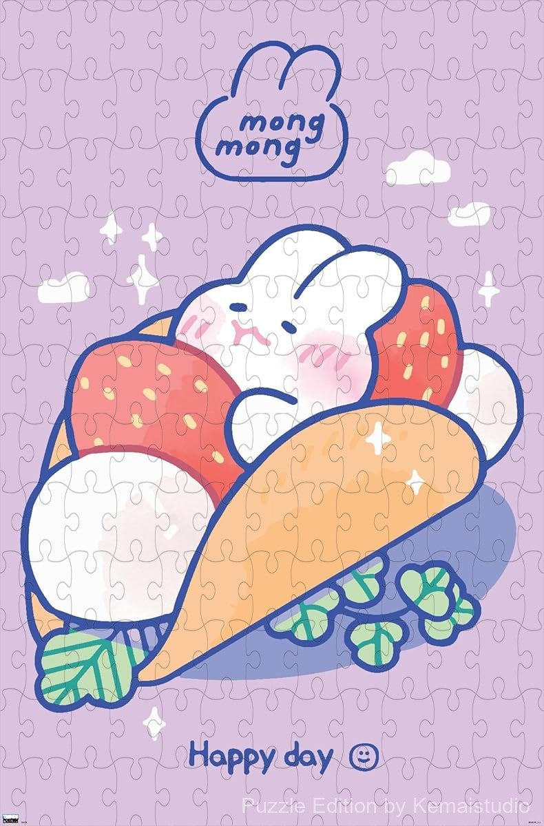 Wooden puzzle featuring Lovely Mong Mong with a taco, in a cute and whimsical style