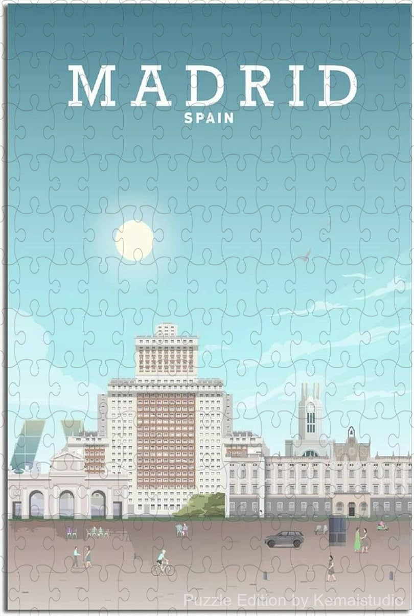 Jigsaw puzzle featuring Madrid skyline in nostalgic travel poster design