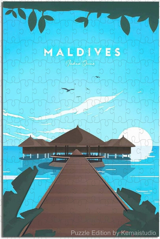 Tropical Maldives poster puzzle in vintage beach travel art