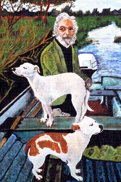 Man in boat with dogs movie painting poster, motorboat on water film jigsaw puzzle for adults