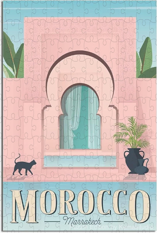 Marrakech travel puzzle in retro national park poster artwork style