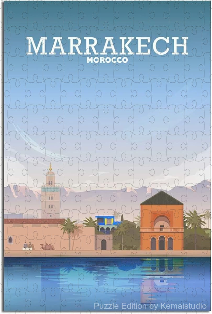 Puzzle artwork of Marrakesh skyline in vintage travel illustration style