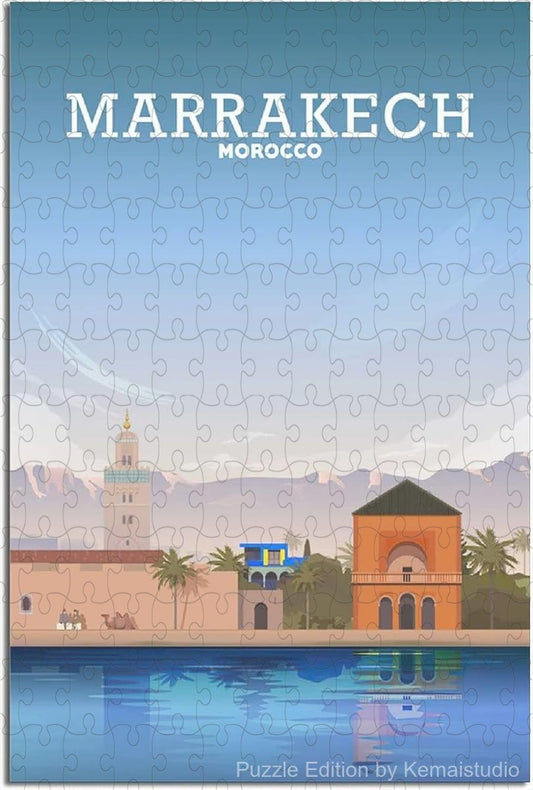 Puzzle artwork of Marrakesh skyline in vintage travel illustration style