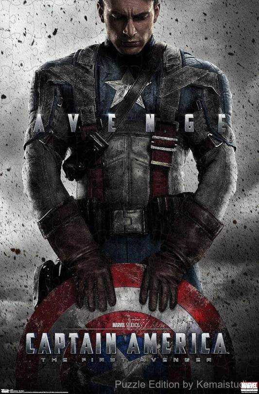 A powerful illustration of Captain America from The First Avenger, standing boldly with his shield