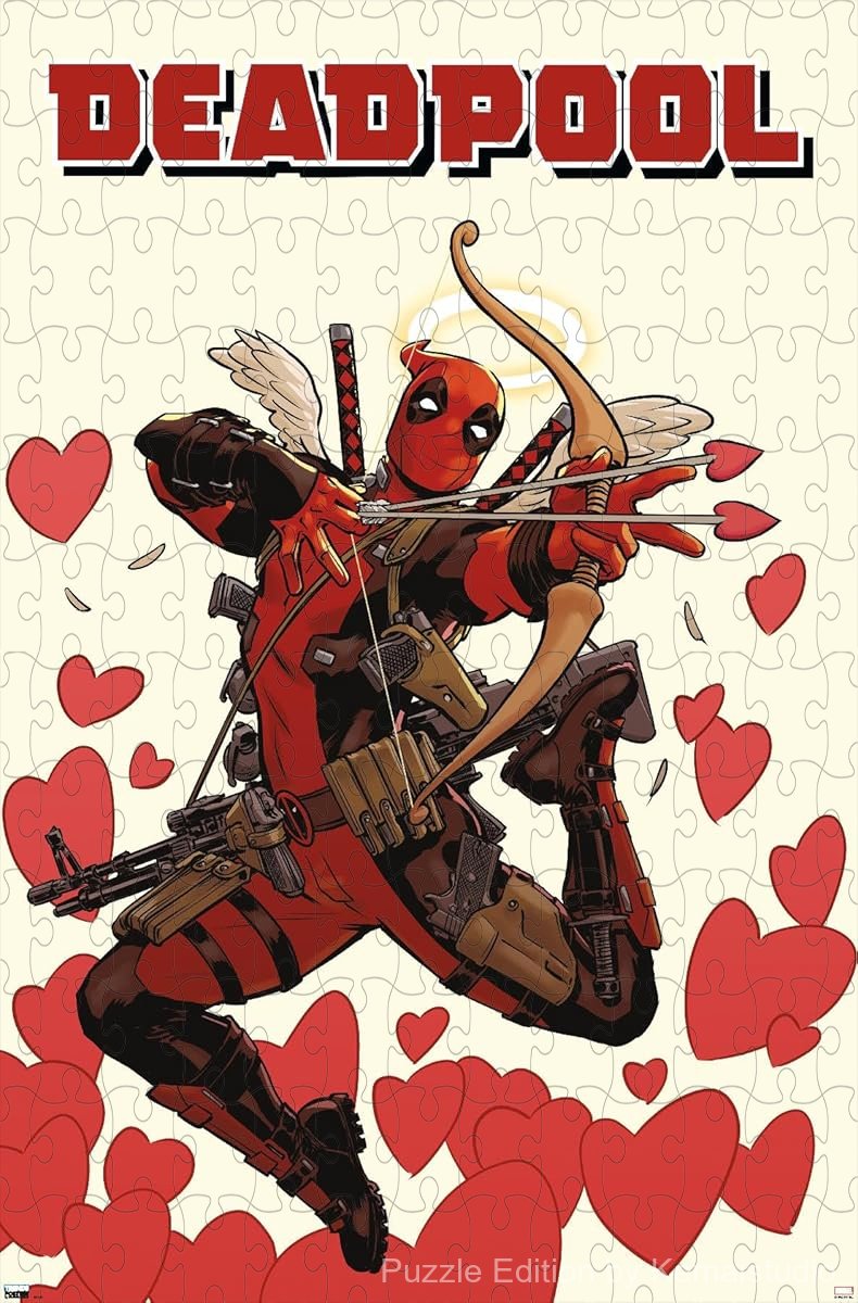 500-piece wooden jigsaw puzzle featuring Deadpool as Cupid.