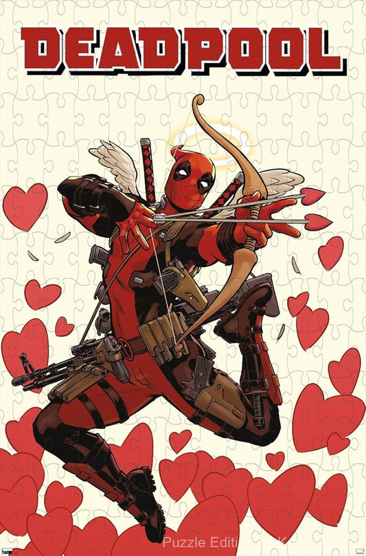 500-piece wooden jigsaw puzzle featuring Deadpool as Cupid.