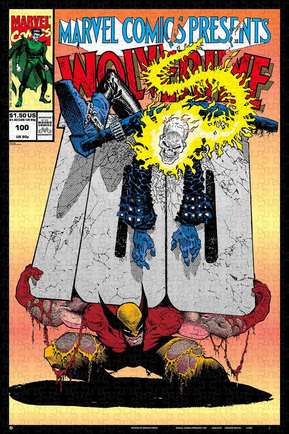 a wooden jigsaw puzzle used for:  screenprinted reproduction of MARVEL COMICS PRESENTS #100 (April 1992) with artwork by Sam Kieth.