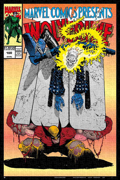 a wooden jigsaw puzzle used for:  screenprinted reproduction of MARVEL COMICS PRESENTS #100 (April 1992) with artwork by Sam Kieth.