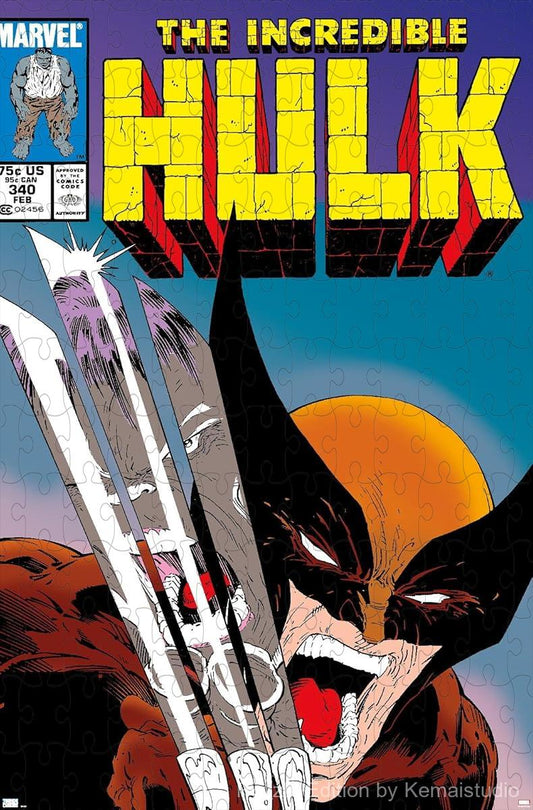 Wolverine clashes with the Incredible Hulk in a bold comic cover from issue #340
