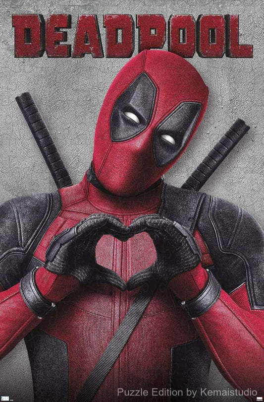 500-piece wooden jigsaw puzzle featuring Deadpool's heart design.
