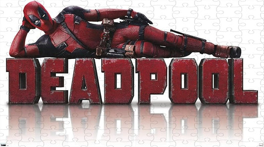 Deadpool lounges in iconic, sarcastic style on a bold red background