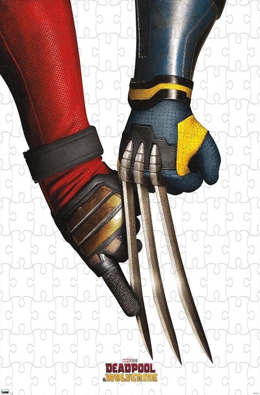 500-piece wooden jigsaw puzzle featuring Deadpool and Wolverine with claws.