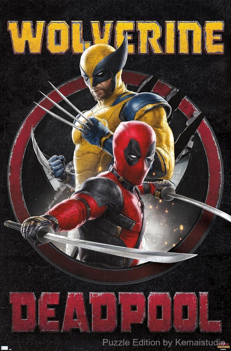 500-piece wooden jigsaw puzzle featuring Deadpool and Wolverine in a dynamic duo pose.