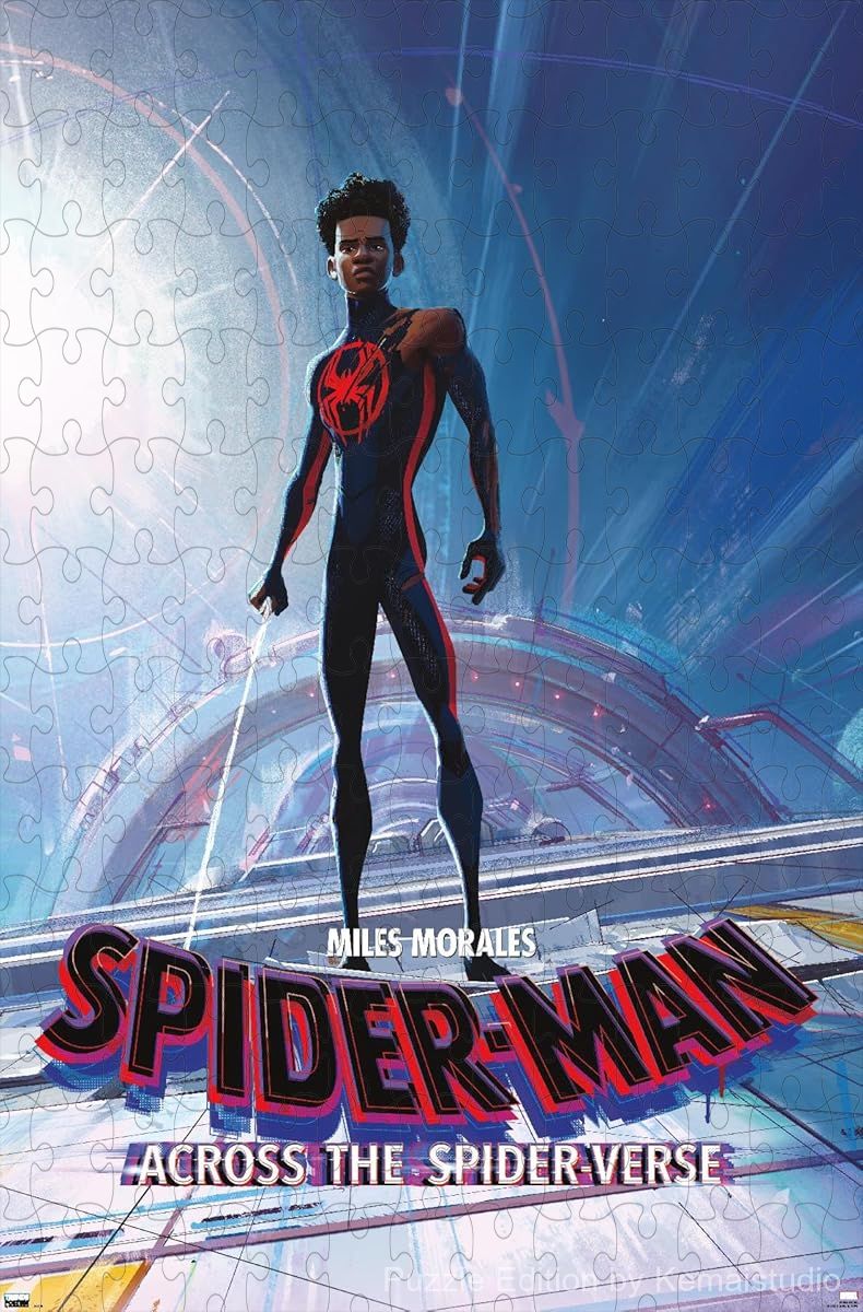 Miles Morales swings through a dynamic multiverse scene in Spider-Man: Across the Spider-Verse