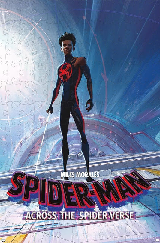Miles Morales swings through a dynamic multiverse scene in Spider-Man: Across the Spider-Verse