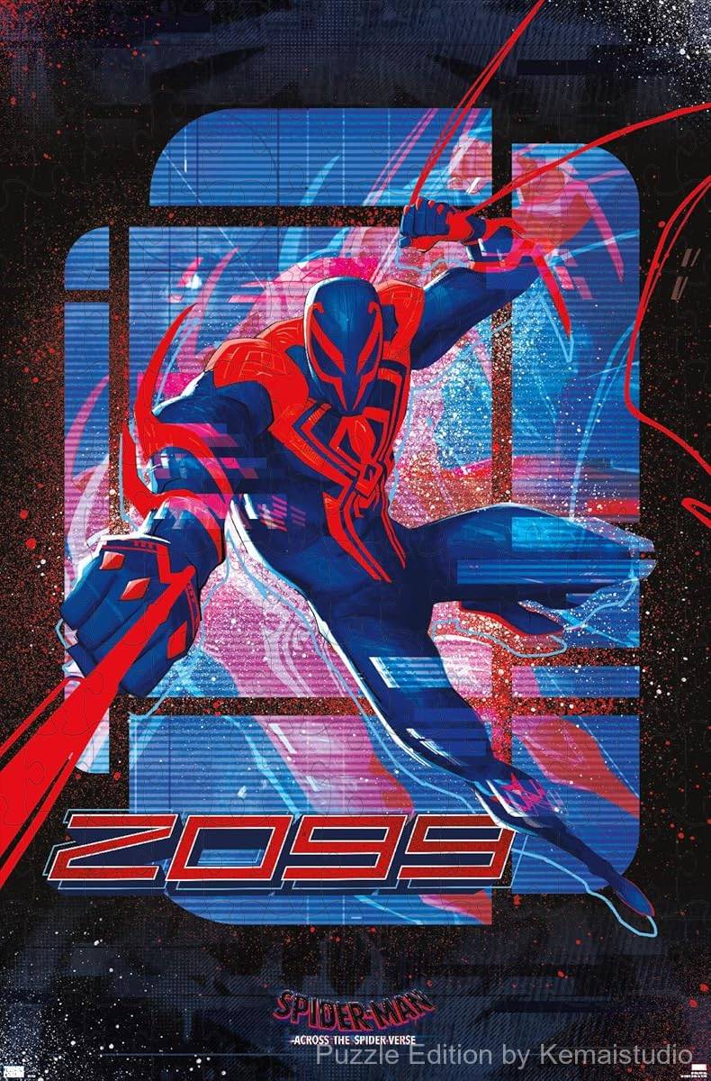 Spider-Man 2099 swings through a futuristic world in this Marvel comic scene